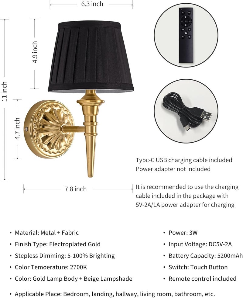 KDG Cordless Wall Sconces Set of 2, Small Wireless 5200mAh Rechargeable Battery Fabric LED Wall Lamps, Portables Lightings for Wall Painting, Living Room, Bedroom, Hallway, Gifts (Black Lampshde) - Image 5